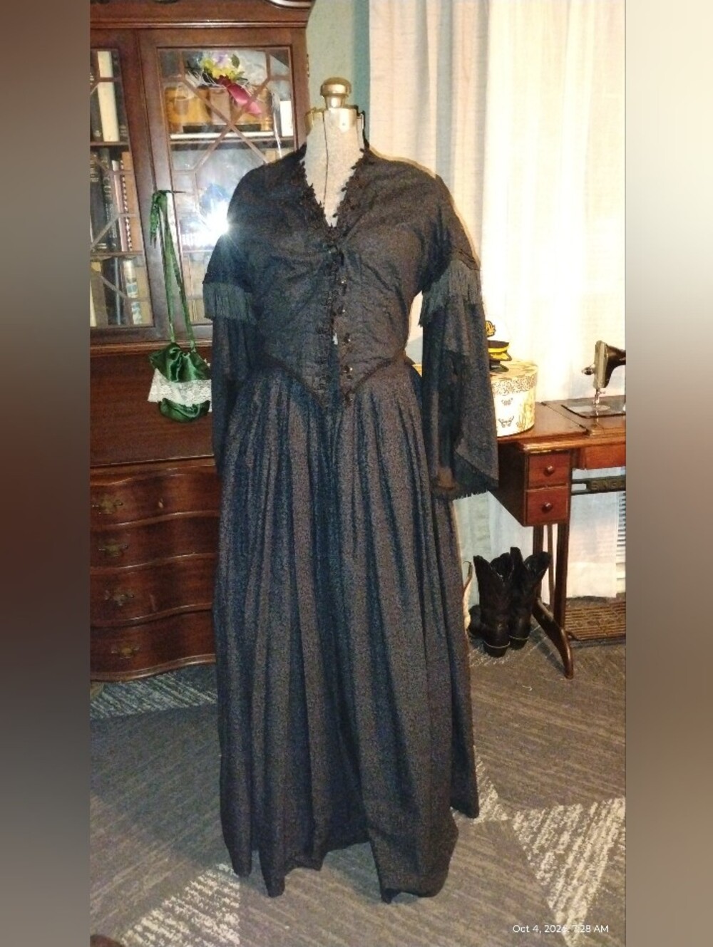 Black Print Long Day Dress, Mourning Or Walking  Reenactor, Living Historian